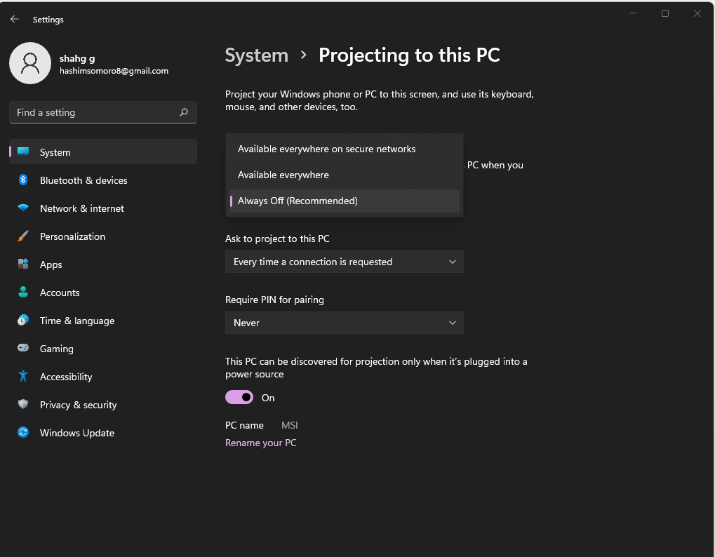 image: projection settings